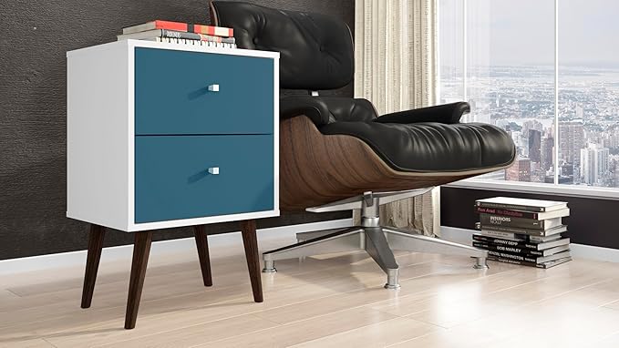Manhattan Comfort Liberty Mid Century Modern Nightstand with Drawers, Bedside Table for Bedroom and Living Room, Night Stand Accent Decor, Easy Assembly, White/Blue