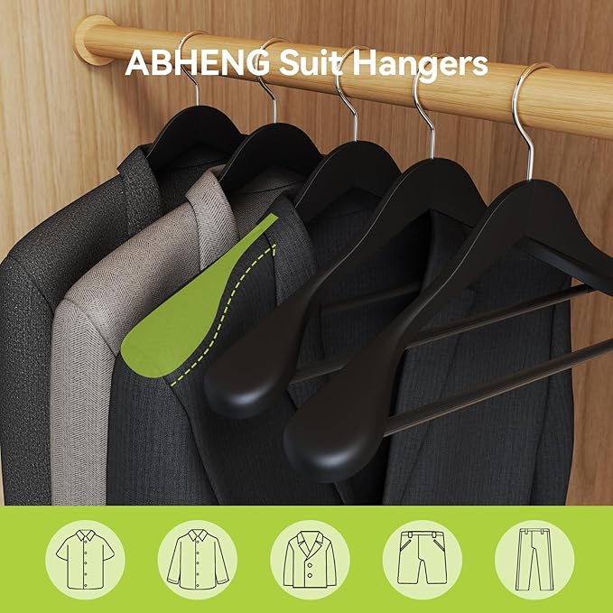 Solid Wood Suit Hangers, 6 Pack, Coat Hangers with Non Slip Trouser Bar, 360° Swivel Hook, Heavy Duty Wide for Suit, Coat, Jacket, Trousers, Pants,17.3" W x 9" H, Black AWY0406B