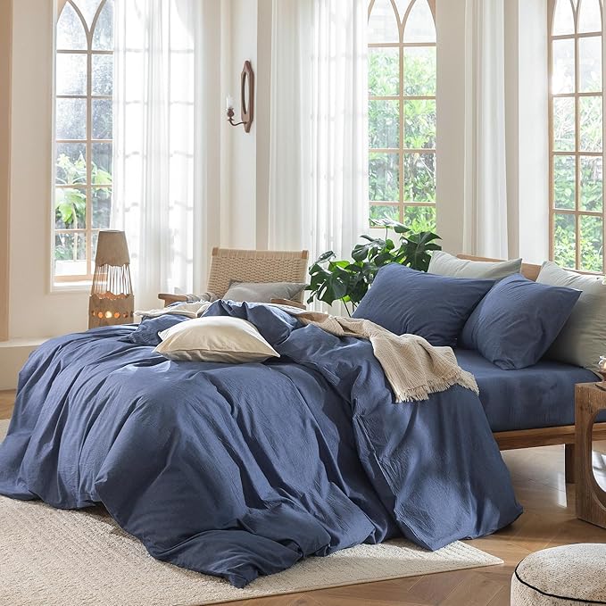 MooMee Bedding Duvet Cover Set 100% Washed Cotton Linen Like Textured Breathable Durable Soft Comfy (Heathered Blue, Full 80"x90")