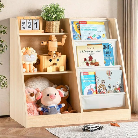 3 Tier Kids Wooden Bookshelf Baby Toddler Bookshelf and Toy Storage Organizer with Three Layer Sling Bookcase for Kids Room Playroom Nursery Classroom