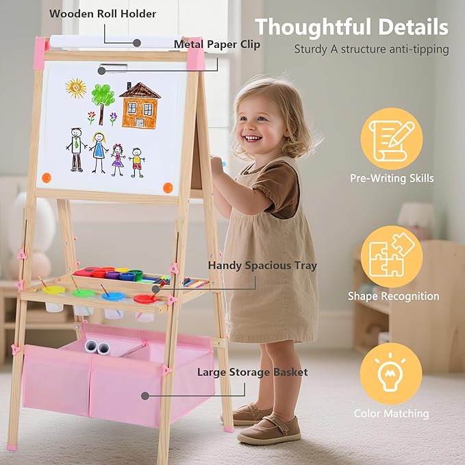 Kinder King 3 in 1 Wooden Kids Easel, Adjustable Double-Sided Art Easel for Kids, Magnetic Whiteboard & Chalkboard, Paper Roller, Art Supplies, Painting Drawing Easel Toddler, Pink