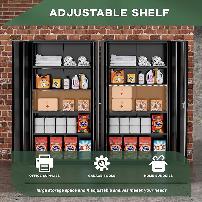 Greenvelly Metal Garage Storage Cabinet with Doors and Adjustable Shelves,72" Black Steel Lockable File Cabinet for Home Office,Garage,School(16" D x 32" W)