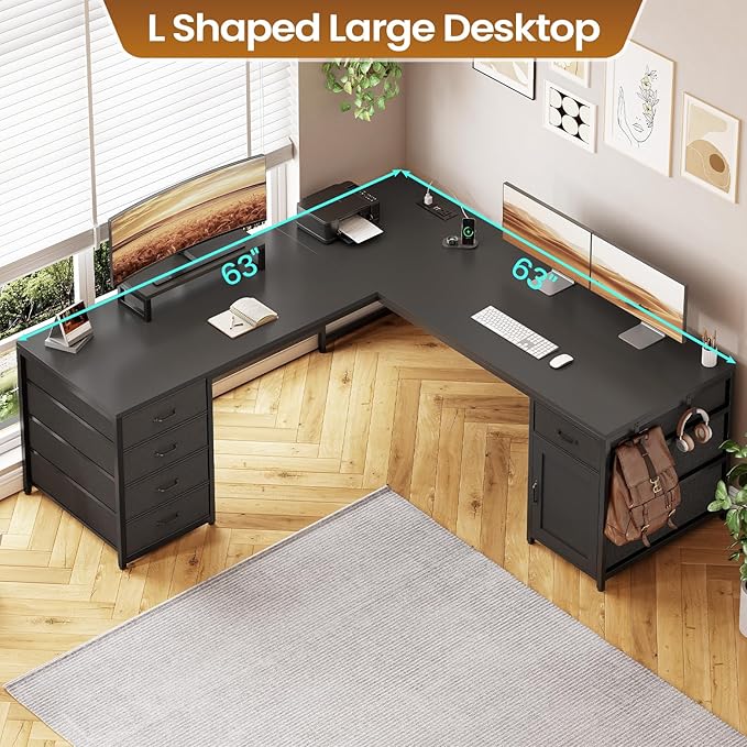 Sedeta SEDETA L Shaped Desk, 63'' Computer Desk with 5 Drawer & Power Outlet,Long Home Office Desk or Corner Desk, L Shaped Corner Desk with Monitor Shelf, Storage Cabinet, Black