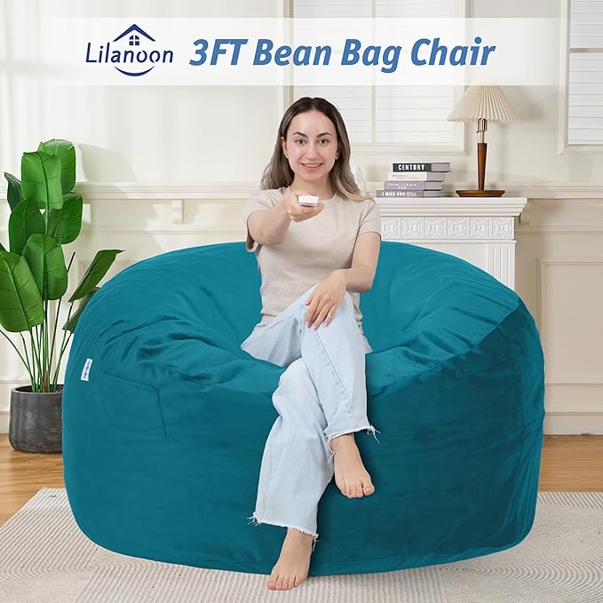 3FT Bean Bag Chair with Ultra Soft Velvet Cover Bean Bag Sofa with Memory Foam Bean Bag Chairs with Large Size Lazy Sofa for Dorm Office Living Room Bedroom Sea Blue 3'