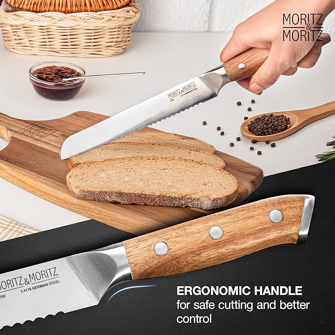 Moritz & Moritz 8-Inch Serrated Bread Knife – Professional Kitchen Bread Knife for Homemade Bread, Baguettes, Pastries & Cakes – Sharp German Stainless Steel Blade with Ergonomic Acacia Wood Handle