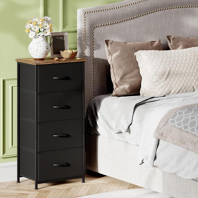 Somdot Tall Dresser for Bedroom with 4 Drawers, Storage Organizer Chest of Drawers with Removable Fabric Bins for Living Room Closet Bedside Nursery Laundry Entryway Hallway, Black Rustic Brown