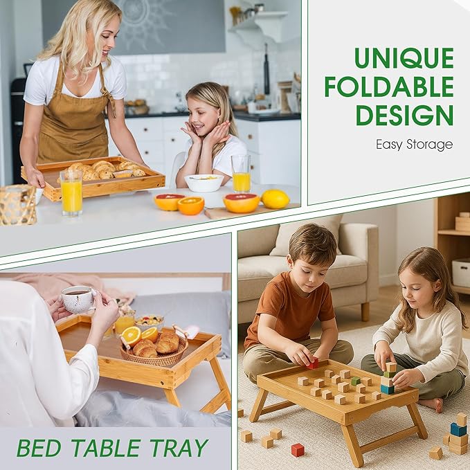 Bamboo Bed Tray Table with Foldable Legs, Breakfast in Bed Tray for Kitchen Serving Tray, Eating, Working, Drawing Tray (2 Pack, Bamboo)