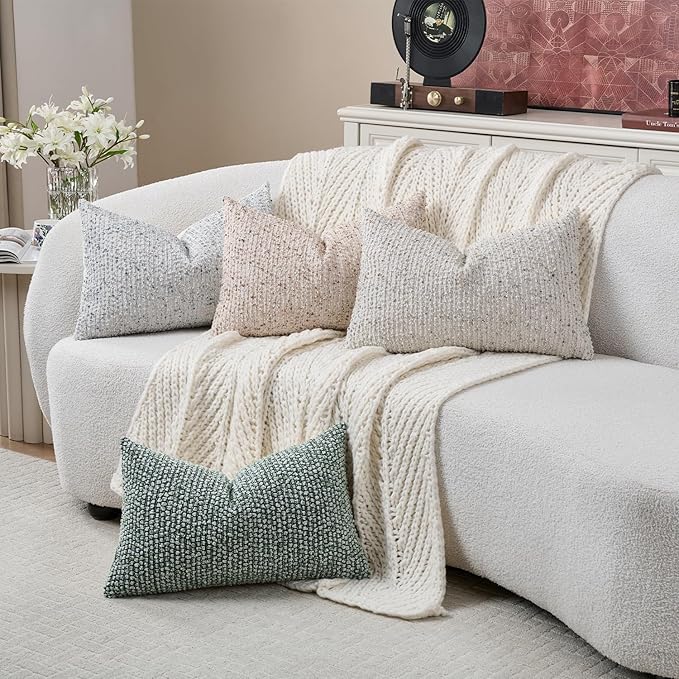 Striped Throw Pillow Covers 12x20 Set of 2 Cream Grey Textured Boucle Chic Morden Boho Accent Farmhouse Rectangular Lumbar Decorative Couch Pillow Covers for Home Decor Bed Sofa Living Room