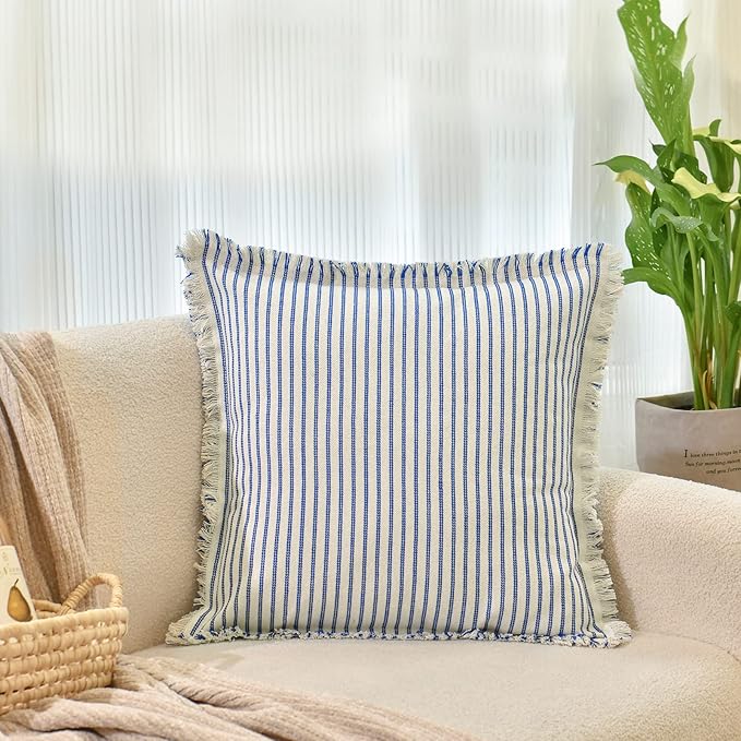 ZWJD Throw Pillow Covers 26x26 Set of 2 Striped Pillow Covers with Fringe Chic Cotton Decorative Pillows Square Cushion Covers for Sofa Couch Bed Living Room Farmhouse Decor
