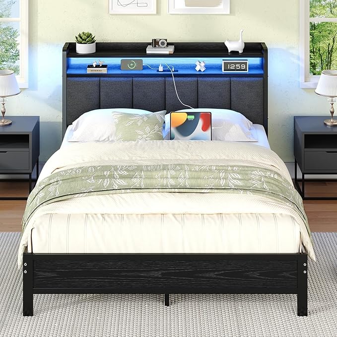 Queen Bed Frame with LED Lights and Charging Station, Metal Platform Bed Frame Queen Size with Upholstered Storage Headboard, Heavy Duty Metal Slats, No Box Spring Needed, Easy Assembly, Dark Grey
