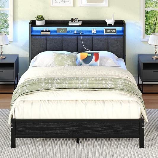 Queen Bed Frame with LED Lights and Charging Station, Metal Platform Bed Frame Queen Size with Upholstered Storage Headboard, Heavy Duty Metal Slats, No Box Spring Needed, Easy Assembly, Dark Grey