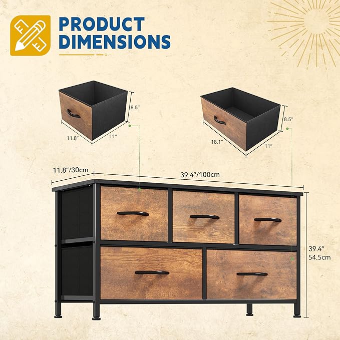 DWVO Dresser for Bedroom with 5 Drawers - Fabric Storage Tower, Long Fabric Dresser, Organizer Unit for Bedroom, Closet, Hallway