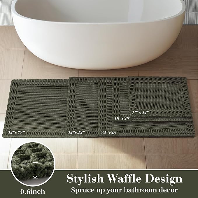 RESARE Waffle Bath Mat for Bathroom, Super Absorbent Bathroom Rugs Non Slip Machine Washable, Ultra Soft Quick Dry Boho Bath Rugs with Tassels for Floor, Upgraded Bordered Design, 18"x30" Green