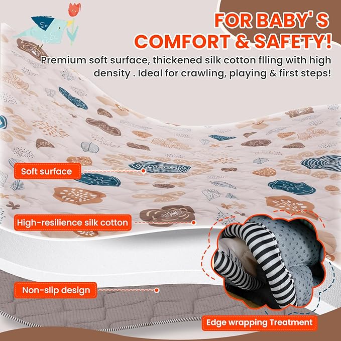 Baby Play Mat for Floor,71x59 Inch Soft Padding Crawling Mat for Playpen, Foldable and Machine Washable, Thick for Babies & Toddlers,Boho Flower