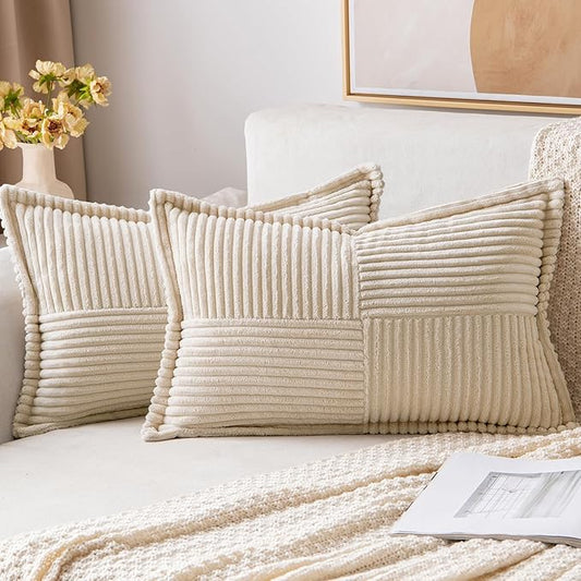 MIULEE Decorative Lumbar Throw Pillow Covers for Couch Bed Livingroom 14x22 Inch Set of 2 Beige Boho Accent Throw Pllows Broadside Striped Patchwork Soft Corduroy Pillowcases