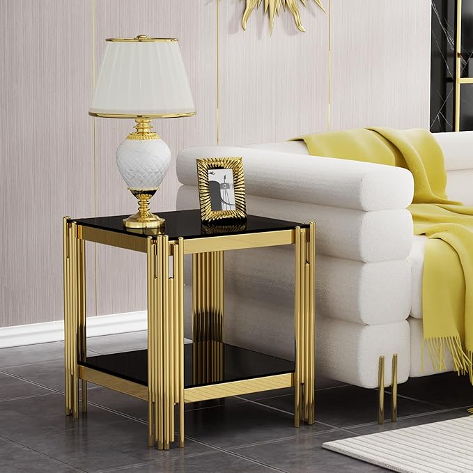 4 Pieces Glass Living Room Table Set, Modern Coffee Table Console Table and 2 End Table Set with Storage Glass Gold Coffee Table Set w/Stainless Steel Frame for Apartment Home Office
