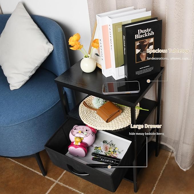 Black Nightstand with Fabric Drawer and Wood Shelf, Waterproof Surface Bedside Table, Eco-Friendly Small Side Table for Bedroom, Dorm, Living Room