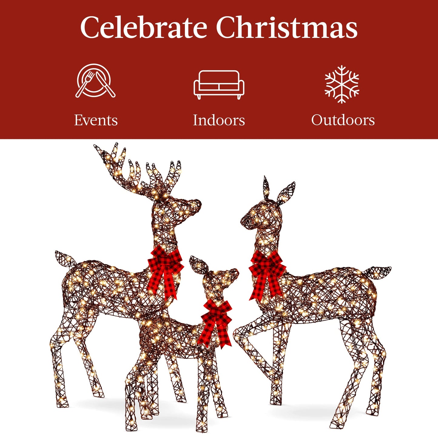 Best Choice Products 3-Piece Large Lighted Christmas Deer Family Set 5Ft Outdoor Yard Decoration with 360 LED Lights, Stakes, Zip Ties - Rattan