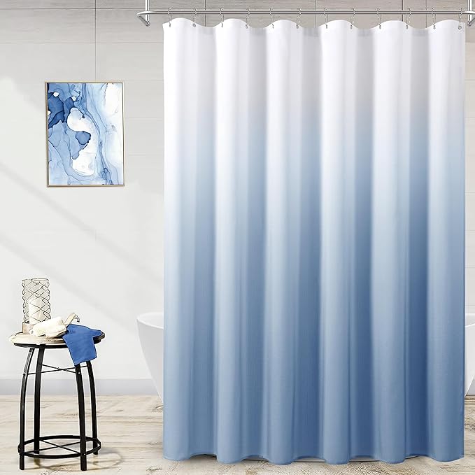 Blue Grey Shower Curtains for Bathroom, Ombre Textured Fabric Shower Curtain Set, Hotel Spa Luxury with 12 Hooks, Machine Washable, Decorative Bathroom Curtain Blue Grey 72 x 72