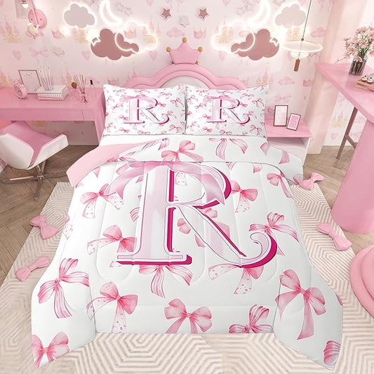 jejeloiu Kids Girls Cute Pink Bow Comforter Set Full Size Monogrammed Bedding Set Ultra Soft Personalized Initial R Duvet Quilt Coquette Bow Knot Quilt Set Room Decor Modern Fashion Comforter