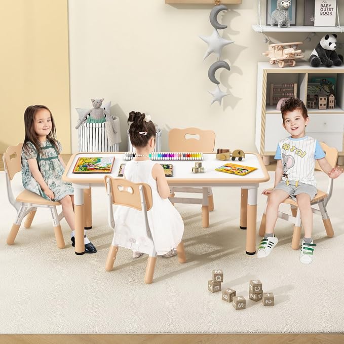 INFANS Kids Table and Chiar Set, Height Adjustable Toddler Desk and 4 Chairs with Graffiti Desktop Non-Slip Legs, Large 47" L x 23.5" W Multi-Activity Art Table for Daycare Classroom Home (Natural)