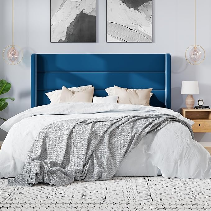 SHA CERLIN Queen Size Velvet Bed Frame/Vertical Channel Tufted Wingback Headboard/Upholstered Platform Bed with Wooden Slats/Mattress Foundation/No Box Spring Needed/Easy Assembly/Blue