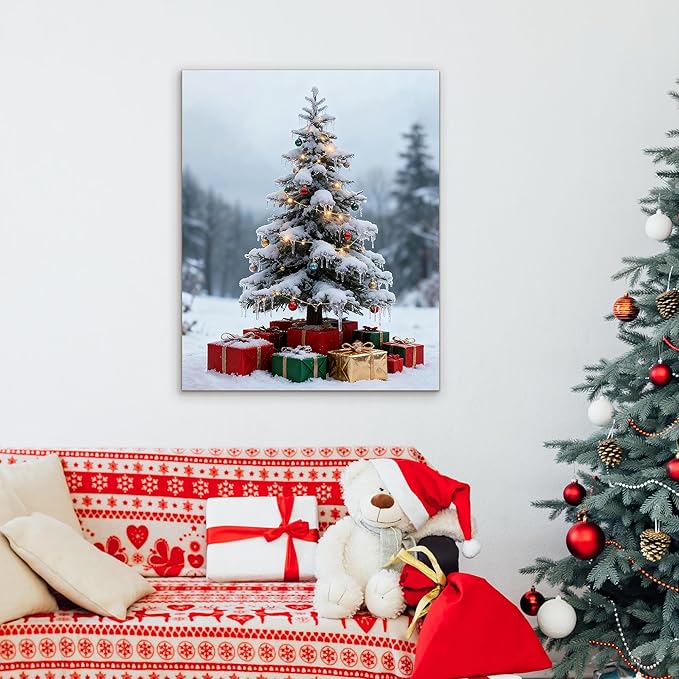 Framed Christmas Pictures Wall Decor,Vintage Pine Tree Prints,Winter Christmas Canvas Wall Art Decoration for Bedroom Bathroom Living Room Rustic Xmas Holiday Gifts (Christmas Tree 11, 20'' X 32'')