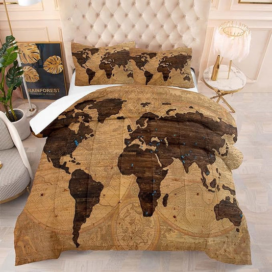 Tailor Shop World Map Comforter Set for Boys Girls Kids Teens ，Retro Yellow Vintage Nostalgic World Map Bedding Sets King Size 3 Pieces with 1 Comforter 2 Pillowcases