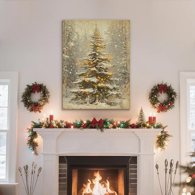 Framed Christmas Pictures Wall Decor,Vintage Pine Tree Prints,Winter Christmas Canvas Wall Art Decoration for Bedroom Bathroom Living Room Rustic Xmas Holiday Gifts (Christmas Tree 2, 16'' X 20'')