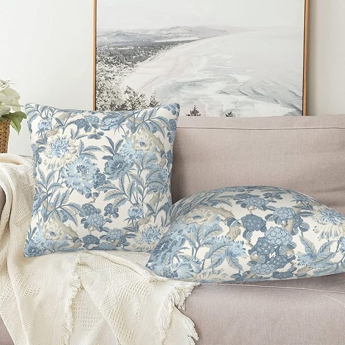 Blue Floral Spring Summer Rustic Flower Throw Pillow Covers 18x18 Inch Set of 2 Farmhouse Decorative Pillows Cover Vintage Country Cushion Case of Indoor Outdoor Sofa Living Room Bedroom
