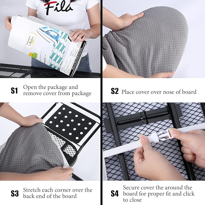 BNDX XL Iron Board Cover and pad - 18” x 49” Thick 4 Layers Padding Elastic with Wide Edge, Stain Resistant & Durable Scorch, 2 Buckle Types(White Dot)