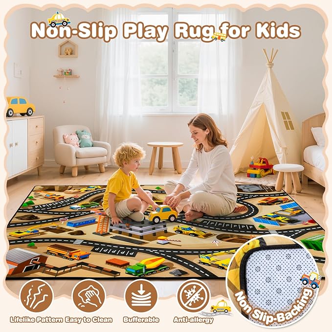 Kids 4x6 Ft Construction Site Car Rug - Extra Thick (0.4in),Tufted Wool & Rubber, Non-Slip, Stain & Fade Resistant, Machine Washable, Rustic Cartoon Construction Site Pattern