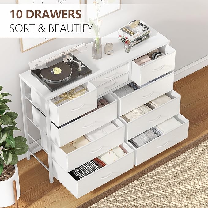 Jojoka Wide 10 Drawer Dresser,TV Stand Entertainment Center Fabric Storage Dressers Drawers for Bedroom, Hallway, Nursery, Closets, Steel Frame, Wood Top, White_1