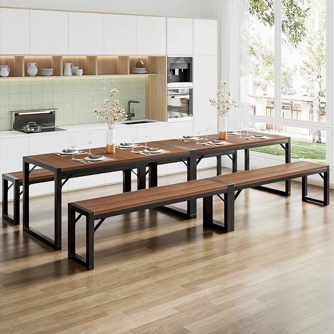 SHA CERLIN Kitchen Dining Table Set for 4 with Benches, Rustic Small Space Saving Dinette, Heavy Duty Metal Frame