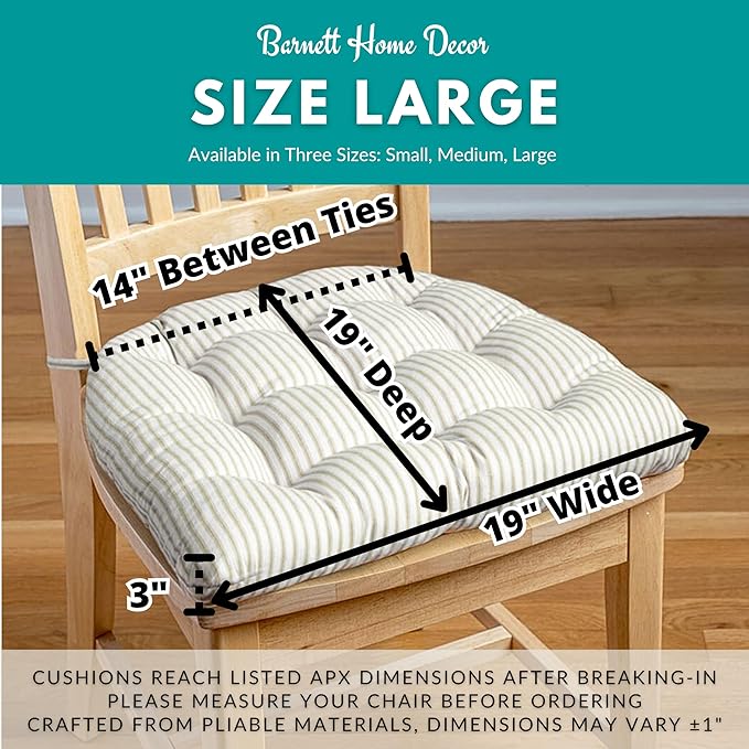 Barnett Home Decor Ticking Stripe Black Dining Chair Pad with Ties - 19" x 19" Size Large Chair Cushion - Latex Foam Fill - Machine Washable, Reversible, 100% Cotton, Made in USA