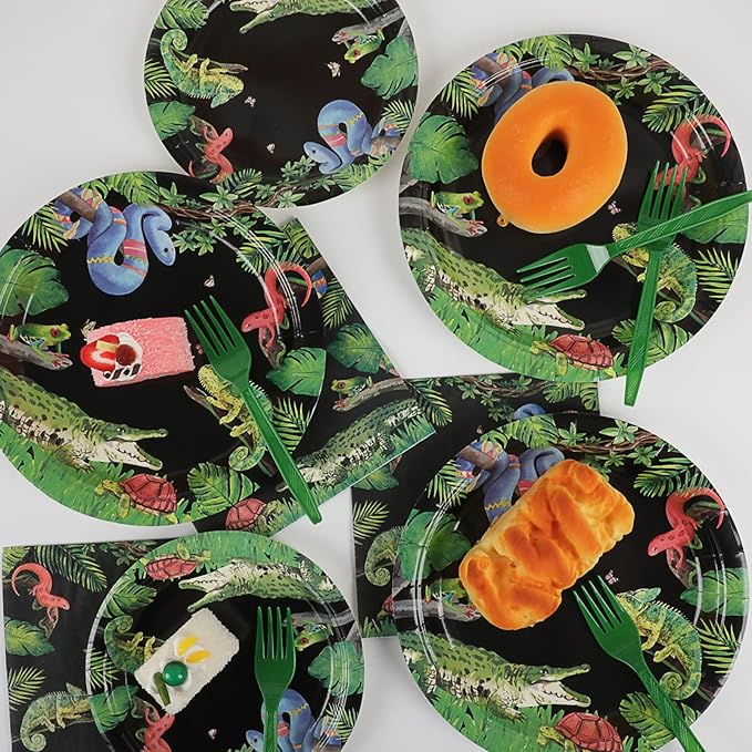 96 Pcs Reptile Snake Party Plates Napkins Tableware Set Lizard Birthday Party Supplies Disposable Paper Dinnerware Jungle Alligator Wildlife Theme Table Decoration Favors for Kids Birthday, 24 Guests