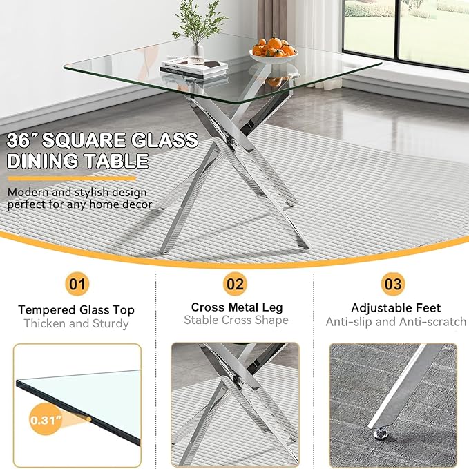 Goujxcy Glass Dining Table Set for 4, Modern Kitchen Table and Chairs Set of 4, 5-Piece Kitchen Dining Room Table Set w/36 Square Silver Glass Dining Table and 4 Blue Velvet Upholstered Chairs