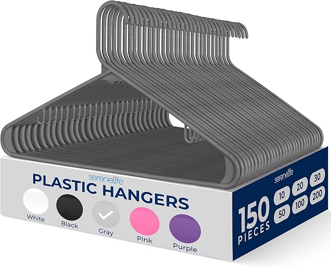 SereneLife 150 Pack Plastic Hangers, Non-Slip, Space-Saving Closet Organizers, Durable and Strong for Shirts, Sweaters, Hoodies, Kids Clothes & Dresses, Ultra-Thin, Lightweight