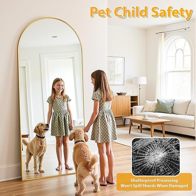 Full Length Mirror, 58"x21" Oversized Floor Mirror Freestanding, Full Body Mirror Floor Standing Mirrors with Stand, Hanging Mounted Mirrors for Bedroom Living Room, Gold, Arched Style