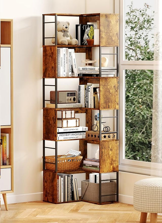 Baoz 7-Tier Corner Shelf- L Shape Corner Bookshelf with Storage- Wood Metal Bookcase Open Floor Stand Shelf Tall Decorative Display Storage Organizer in Living Room/Bedroom/Home/Office (Rustic Brown)