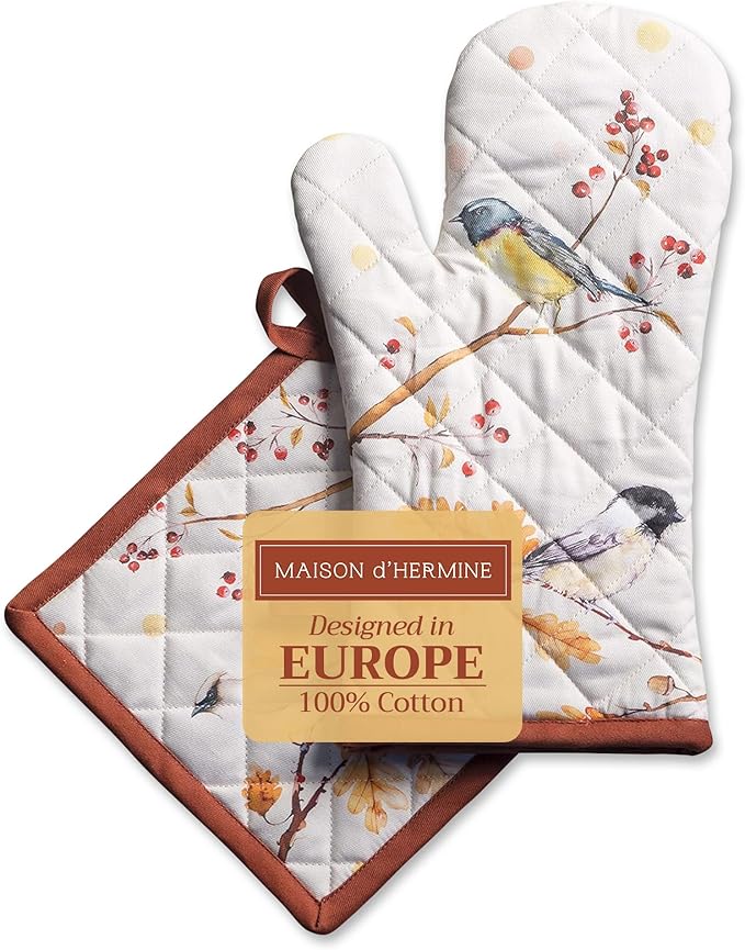 Maison d' Hermine 100% Cotton Oven Mitt & Pot Holder Set (7.5"x13" & 8"x8") Heat Resistant BBQ Cooking Gloves with Loop for Thanksgiving Christmas Decorations Handling Hot Pans (Oak Leaves)