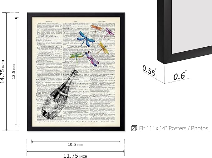Poster Master Dictionary Art Poster - Champagne Bottle Print - Dragonfly Art - Alcohol Art - Gift for Men, Women & Bartender - Great Decor for Bar, Kitchen or Restaurant, 11x14 Black Framed