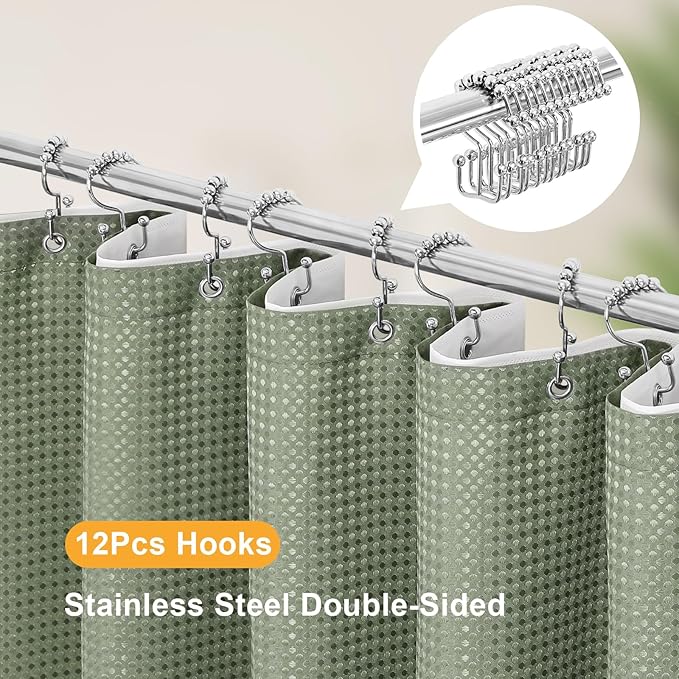 3 in 1 Shower Curtain Set, Sage Green Waffle Shower Curtain and PEVA Liner Set with 12 Stainless Steel Shower Curtain Hooks, Waterproof Fabric Shower Curtains for Bathroom, 72 W x 72 H