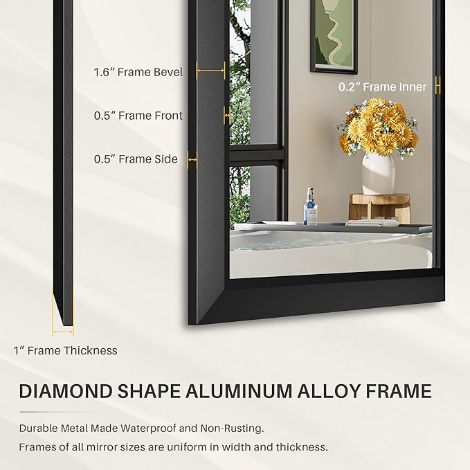 24x32 Inch Black Bathroom Mirror for Wall, Thick Metal Framed Rectangle Mirrors for Over Sink, Bedroom, Living Room, Entryway, Anti-Rust, HD Tempered Glass