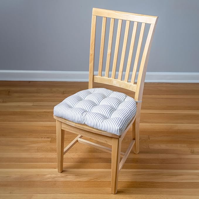 Barnett Home Decor Ticking Stripe Blue Dining Chair Pad with Ties - Medium Size 18 Chair Cushion - Latex Foam Fill - Machine Washable, Reversible, 100% Cotton, Made in USA (Navy)