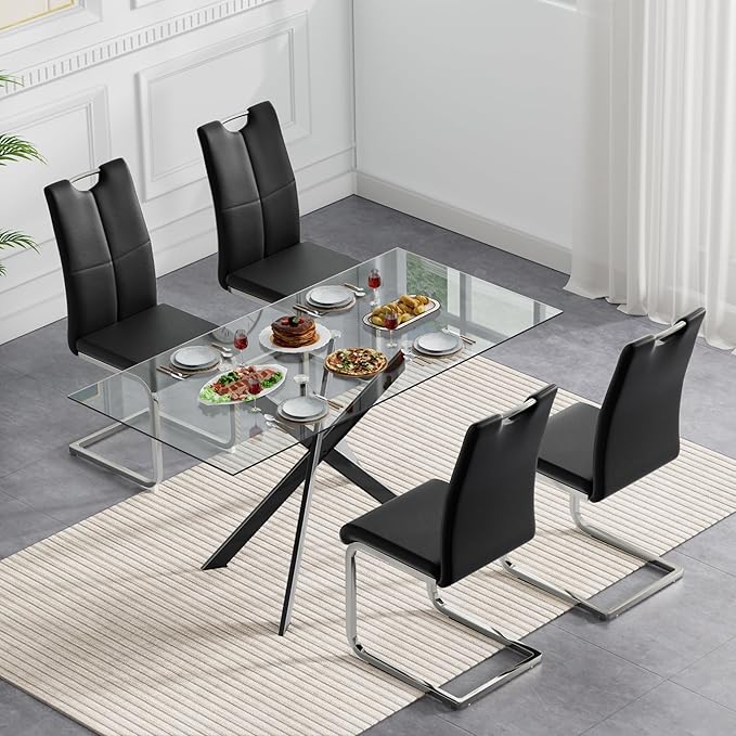 Modern Glass Dining Table Set for 4, Black Glass Kitchen Table and Chairs Set of 4, 5 Piece Dining Room Table Set with 61" Rectangular Metal Glass Dinner Table and 4 Black Leather Dining Chairs