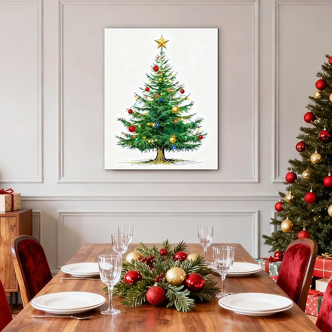Framed Christmas Pictures Wall Decor,Vintage Pine Tree Prints,Winter Christmas Canvas Wall Art Decoration for Bedroom Bathroom Living Room Rustic Xmas Holiday Gifts (Christmas Tree 7, 16'' X 24'')
