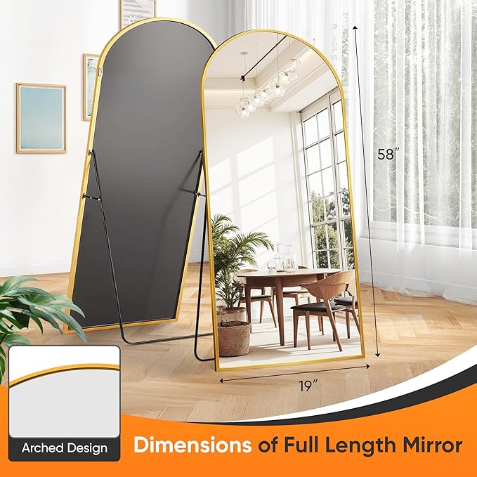 Suidia Full Length Mirror, 58"x19" Floor Standing Mirror Freestanding, Full Body Mirrors with Stand for Bedroom, Hanging Mounted for Living Room Cloakroom, Gold, Arched Style