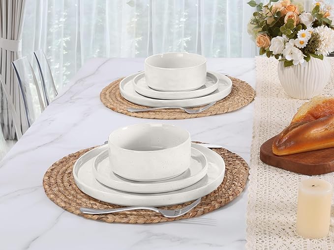 LIANYU 24 Piece Dinnerware Sets for 8, Stoneware Plates and Bowls Dish Set, Kitchen Dinner Ware Speckled Dining Dishware, Microwave & Dishwasher Safe, Polar White