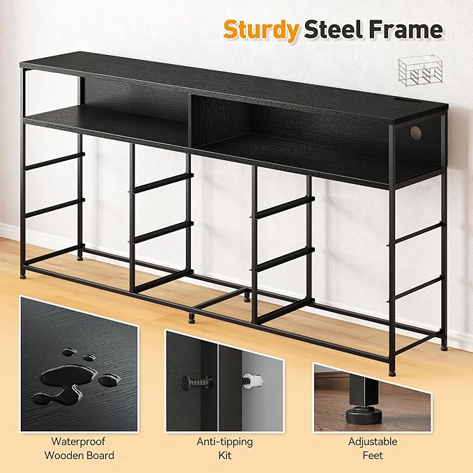 55” W Black Dresser for Bedroom with Charging Station & LED, 65" TV Stand for Bedroom with 9 Fabric Drawers, Sturdy Chest of Drawers with Open Storage Shelves for Closet, 55.12" Wx11.81 Dx35.43 H